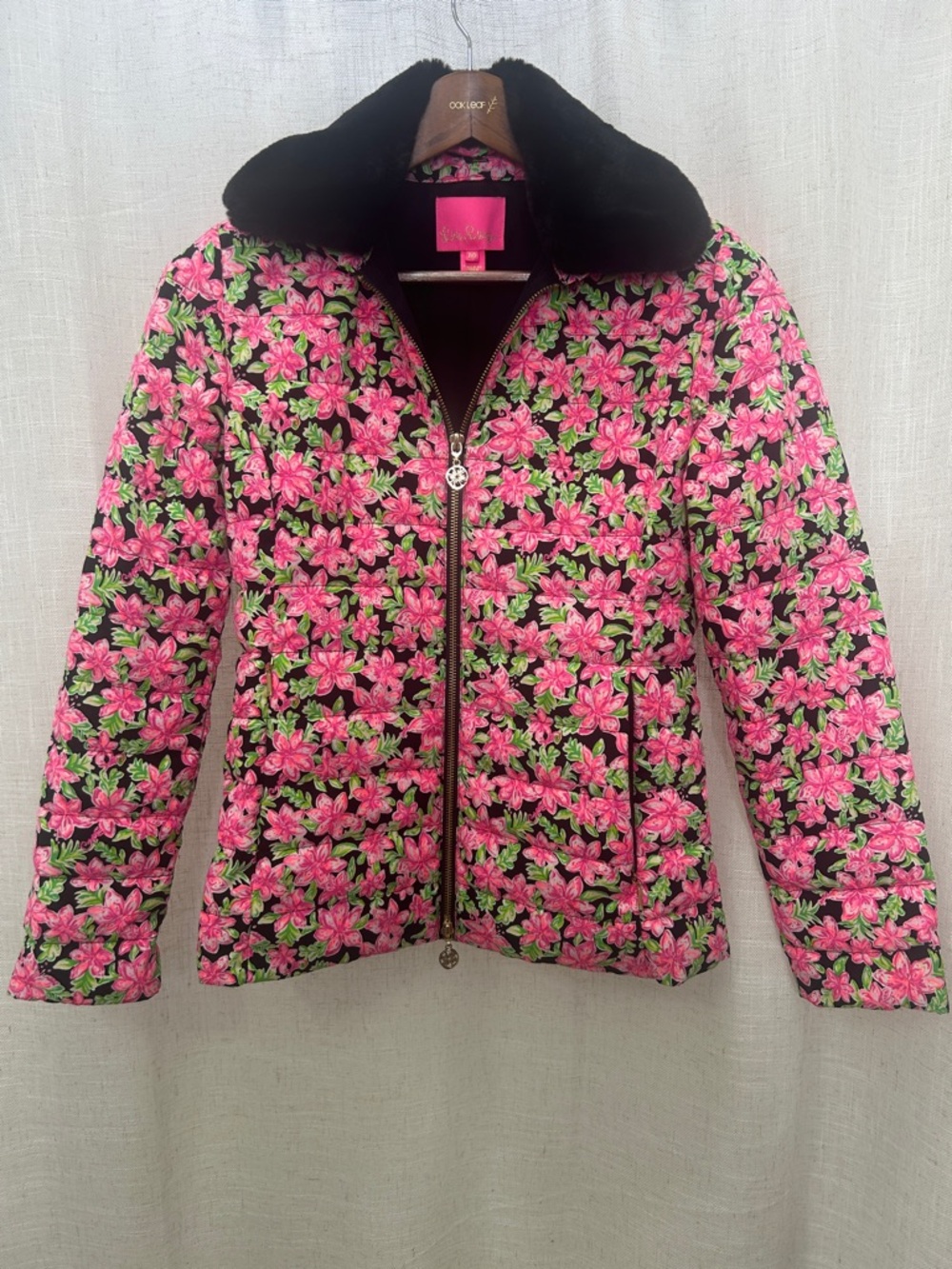 Lilly Pulitzer Pink Black Floral Removable Faux Fur Collar Puffer Jacket Size 00